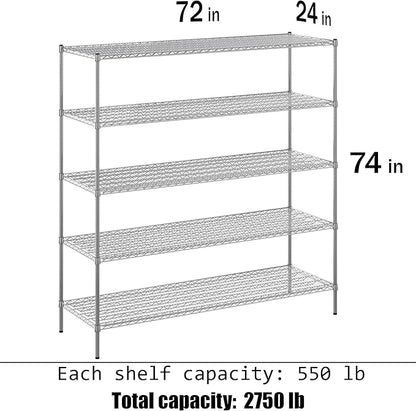 24" Deep x 72" Wide x 74" Height Wire Shelving Kit | 5-Tier | NSF Commercial Storage Rack Unit