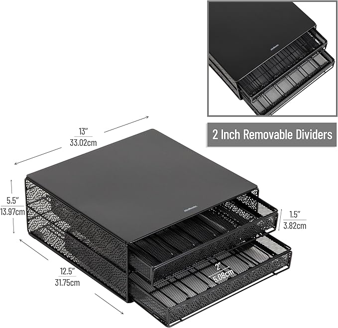 Mind Reader 2 Drawer Coffee Pod Organizer with Removable Dividers, 72 Pod Capacity, Metal Mesh Coffee Station Base with Guided Drawer Track, Black