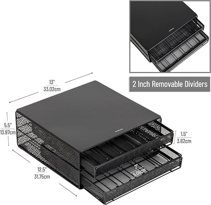 Mind Reader 2 Drawer Coffee Pod Organizer with Removable Dividers, 72 Pod Capacity, Metal Mesh Coffee Station Base with Guided Drawer Track, Black