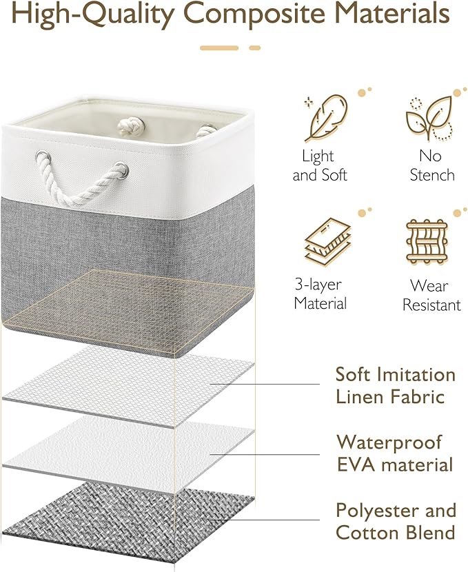 Patvingot 11 Inch Cube Storage Bins, 4 Pack Fabric Storage Cubes with Rope Handles, Organizer Baskets for Closet Shelves, Clothes and Home Organization(White/Gray)