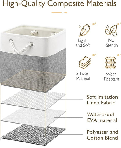 Patvingot 11 Inch Cube Storage Bins, 4 Pack Fabric Storage Cubes with Rope Handles, Organizer Baskets for Closet Shelves, Clothes and Home Organization(White/Gray)
