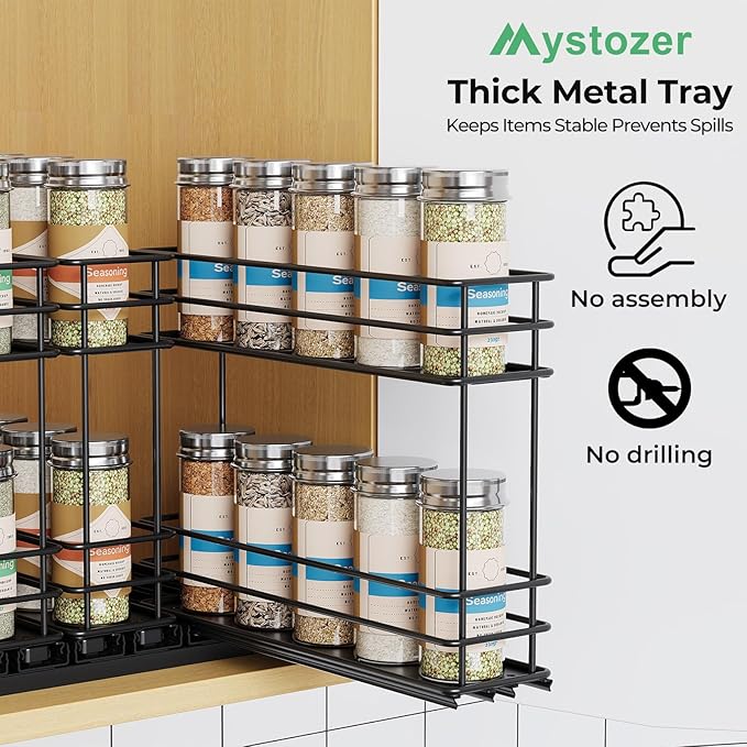 Mystozer Pull Out Spice Rack Organizer for Cabinet, Slide Out Spice Racks, Easy to Install Spice Cabinet Organizers, 7.4" Wx10.43 Dx8.26 H, 3 Drawers 2 Tiers(Black)