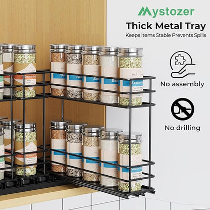 Mystozer Pull Out Spice Rack Organizer for Cabinet, Slide Out Spice Racks, Easy to Install Spice Cabinet Organizers, 7.4" Wx10.43 Dx8.26 H, 3 Drawers 2 Tiers(Black)