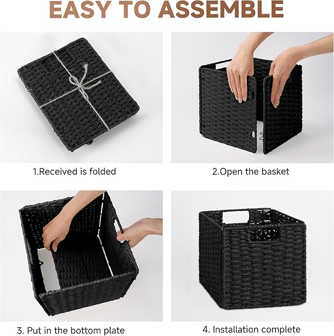 StorageWorks 9 inch Wicker Storage Cubes, Handwoven Wicker Baskets for Storage, Square Cube Basket, Foldable Paper Rope Basket for Organizing, Black, 2 Pack