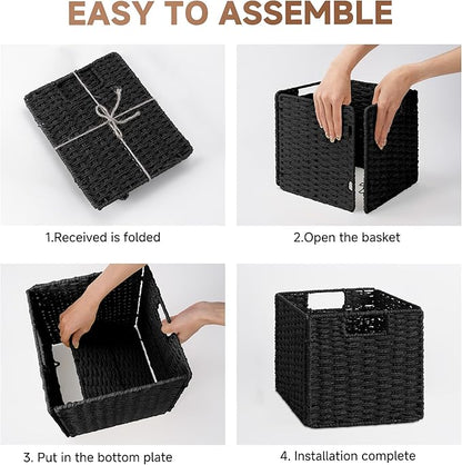 StorageWorks 9 inch Wicker Storage Cubes, Handwoven Wicker Baskets for Storage, Square Cube Basket, Foldable Paper Rope Basket for Organizing, Black, 2 Pack