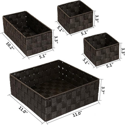 Posprica Woven Storage Baskets for Organizing, Small Baskets Cube Bin Container Tote Organizer Divider for Drawer, Closet, Shelf, Dresser, Set of 4(Brown)