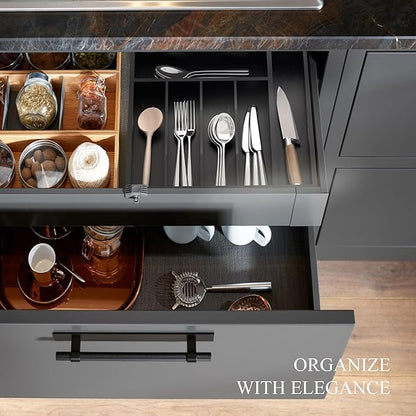 Bamboo Silverware Organizer, Kitchen Drawer Organizer, Utensil Holder, Cutlery Tray & Spoon Flatware Storage with Grooved Drawer Dividers (Black, 12.5''W x 16.5''D)