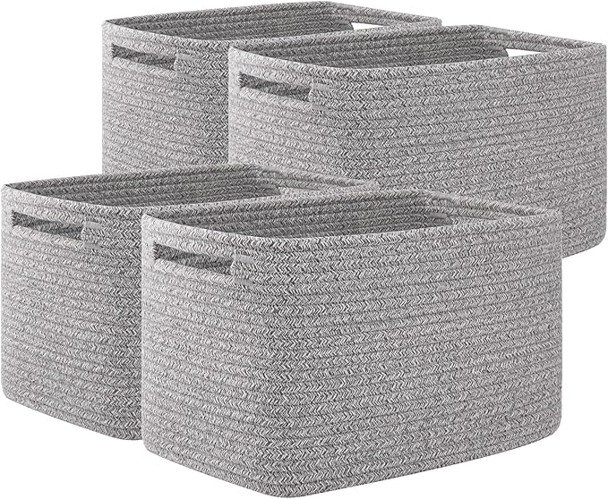 OIAHOMY 4 Pack Storage Baskets for Organizing, Cube Storage Bins for Shelves, Rectangle Storage Baskets With Handles, Woven Baskets for Storage, 16''Lx12''Wx8''H, Grey