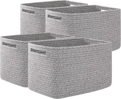 OIAHOMY 4 Pack Storage Baskets for Organizing, Cube Storage Bins for Shelves, Rectangle Storage Baskets With Handles, Woven Baskets for Storage, 16''Lx12''Wx8''H, Grey