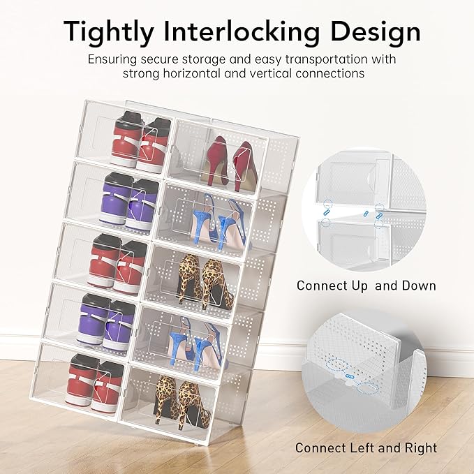 Foluck X-Large Shoe Storage Box, 15 Pack Clear Plastic Stackable Shoe Organizer for Closet, Interlocking Design Shoe Container Bins for Sneakers, Foldable Shoe Rack with Lids, White