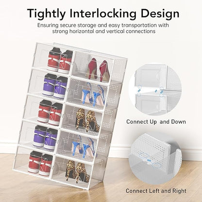 Foluck X-Large Shoe Storage Box, 15 Pack Clear Plastic Stackable Shoe Organizer for Closet, Interlocking Design Shoe Container Bins for Sneakers, Foldable Shoe Rack with Lids, White