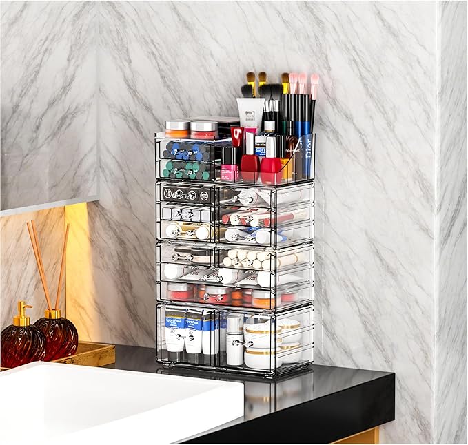 Cq acrylic Make Up Organizers for Vanity With 14 Drawers, 4 Pack Clear Drawer Organizers,Plastic Cute Desk Accessories Organization and Bathroom Organizers Storage Case Box Cube for Beauty,Skin Care