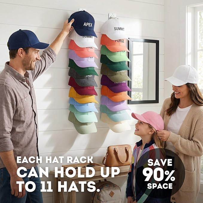 2 Pack Hat Organizer for Baseball Caps,Detachable DIY Hat Rack for Wall Hold Up to 22 Hats,Baseball Cap Organizer Cap Holder Hat Hangers for Wall Closet Door Bedroom(1A-White)