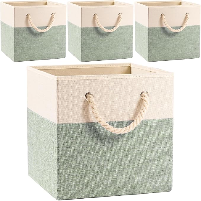 PRANDOM Large Foldable Cube Storage Bins 11x11 inch [4-Pack] Fabric Linen Storage Baskets Cubes Drawer with Cotton Handles Organizer for Shelves Nursery Closet Bedroom Beige/Green