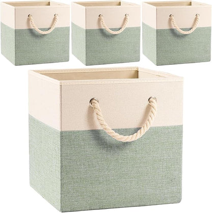PRANDOM Large Foldable Cube Storage Bins 11x11 inch [4-Pack] Fabric Linen Storage Baskets Cubes Drawer with Cotton Handles Organizer for Shelves Nursery Closet Bedroom Beige/Green