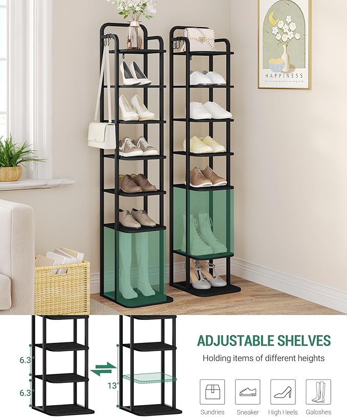 Hzuaneri 8 Tiers Vertical Shoe Rack, Narrow Shoe Tower, Tall Shoes Shelf with 2 Hooks, Adjustable Shelves, Corner Shoes Shelves for Small Spaces, Entryway, Living Room, Black SR04304B