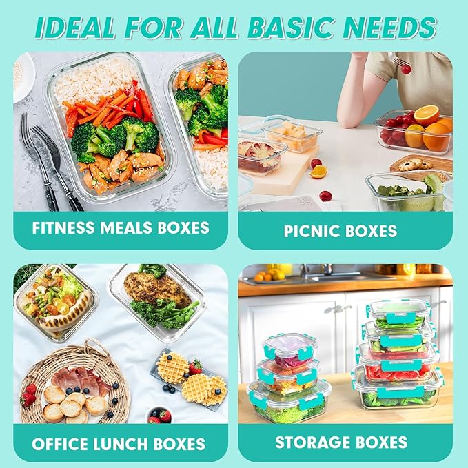VERONES 30 Pieces Glass Meal Prep Containers Set, Stackable Glass Food Storage Containers with Lids-Airtight Lunch Containers，for Microwave, Oven, Freezer & Dishwasher,Green