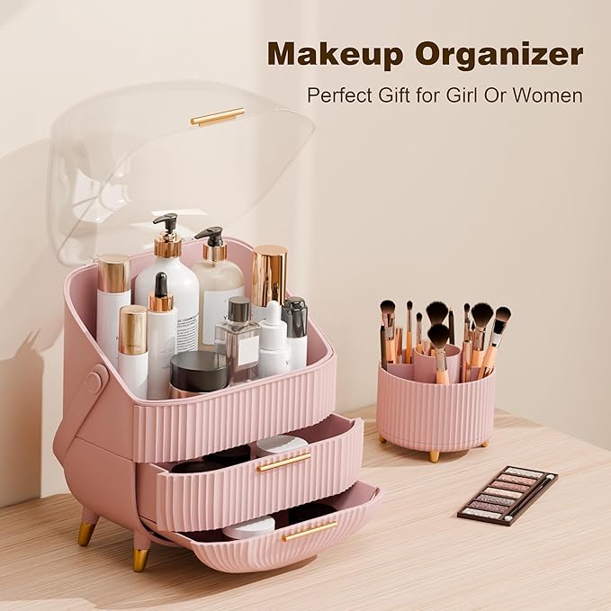 lurcns Makeup Organizers and Storage Make up Organizer for Vanity Cosmetics Skincare With Lid and Drawers Display Cases for Countertop Bathroom Women Teenager Girl Gifts(Pink+Brush Holder)