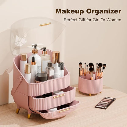 lurcns Makeup Organizers and Storage Make up Organizer for Vanity Cosmetics Skincare With Lid and Drawers Display Cases for Countertop Bathroom Women Teenager Girl Gifts(Pink+Brush Holder)