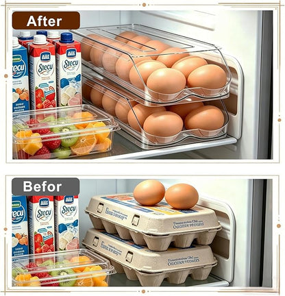 Egg Holder for Fridge,Automatic Rolling Egg Container for Refrigerator,2 Pack Clear Stackable 28-Count Egg Organizer with Lid, Fridge Organizers and Storage