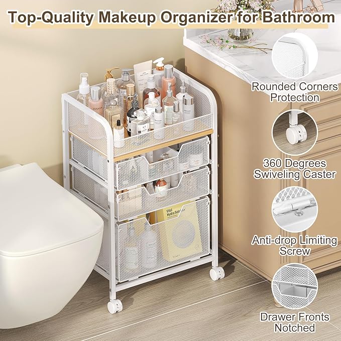 Hongtamoya Makeup Organizer Cart with Drawers, Floor Skincare Organizers Make Up Organizers Vanity Organizer Cosmetic Display Cases Holder for Skin Care Perfume Nail Polish Brush Hair Tool, White