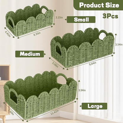 Hand Woven Paper Rope Scalloped Edge Decor Baskets for Home,Living Room, Bedroom,Storage over Above Behind Flush Tank,Toilet Basket,end Table,Shelves-Easily Fit with or Bedroom Decor,Set 3(Green)