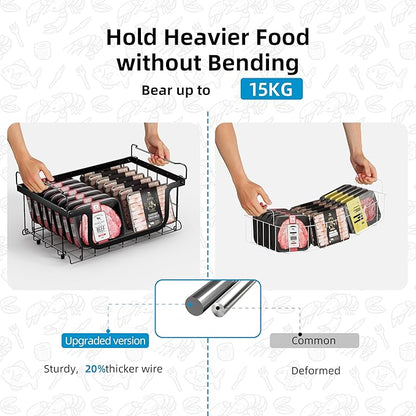 Deep freezer organizer bins-Fit 10 to 20 Cu.FT，4Pcs stackable wire baskets for freezer，Vegetable Fruit Basket，kitchen countertop organizer，U-shaped front opening，Black,15.94"L ×13"W ×8"H