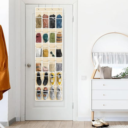 Simple Houseware 24 Pockets - Crystal Clear Over The Door Hanging Shoe Organizer, Beige (64'' x 19'')