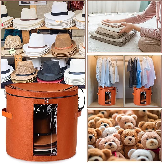 Suzile 4 Pcs Hat Boxes Oversized Round Cowboy Hat Storage Box for Women Men 19" x 17" Cowboy Large Felt Organizer Bag Baseball Cap Container with Dustproof Lid for Clothes Case Travel Gift(Red Brown)