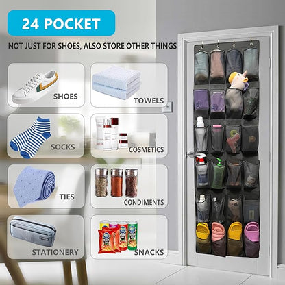 Over The Door Shoe Organizer with 24 Large Breathable Mesh Pockets Sturdy Closet Door Shoe Storage Holder Hanging SimpleHouseware Men Women Kids Shoe Holder for Rack (Black)
