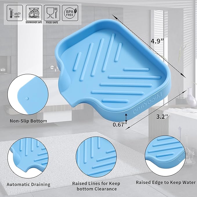 MicoYang Silicone Bathroom Soap Dishes with Drain Spout-Bathroom and Kitchen Sink Organizer,Sponge Holder,Dish Soap Tray,Perfect for Dispenser,Scrubber,Bottle on Sink or Counter-Light Blue 4.9"×3.2"