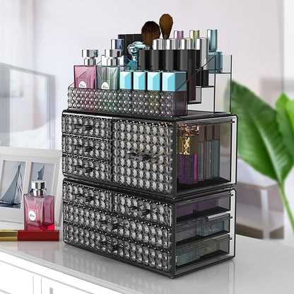 3 Pack Makeup Organizer Stackable[Upgraded], Acrylic Cosmetics Storage Cases with 8 Drawers Perfume Organizers For Brush Holder or Jewelry Display,Plus Size,Best For Vanity,Bathroom or Countertop