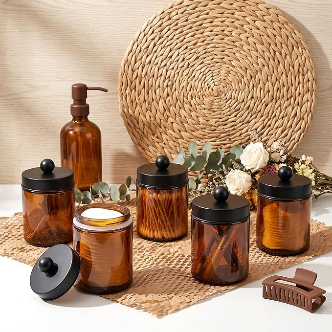 Accguan Amber Apothecary Jars Bathroom Vanity Storage Organizer Set, 6 Pack with Black Stainless Steel Lids and Labels, Qtip Dispenser Holder for Cotton Swabs, Cotton Balls, Makeup Sponges