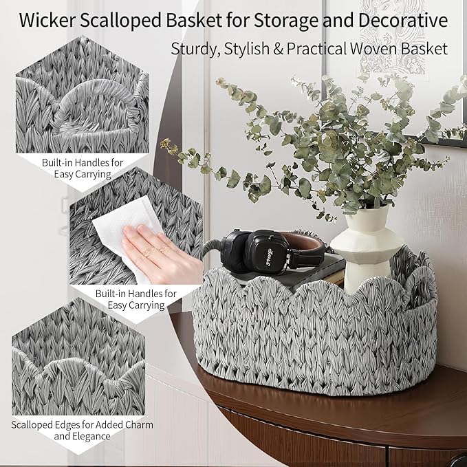 Coeusy Wicker Scalloped Basket Set of 2,Woven Storage Baskets for Shelves,Closet,Laundry,Gift,Towels,Books,Toys,Waterproof Cute Decor Basket for Organizing,Grey