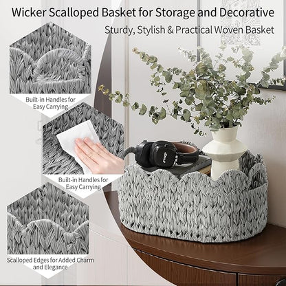 Coeusy Wicker Scalloped Basket Set of 2,Woven Storage Baskets for Shelves,Closet,Laundry,Gift,Towels,Books,Toys,Waterproof Cute Decor Basket for Organizing,Grey
