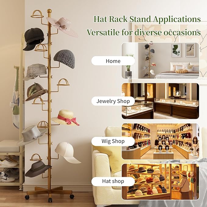 Hat Rack with 15 Circular Hooks Floor Hat Stand Freestanding Hats Rack Stand Adjustable Metal Hats Tree Organizer Rack Display Standing Suitable for Home Store Commercial, Gold
