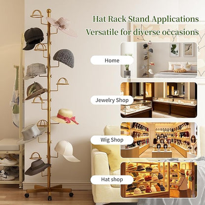 Hat Rack with 15 Circular Hooks Floor Hat Stand Freestanding Hats Rack Stand Adjustable Metal Hats Tree Organizer Rack Display Standing Suitable for Home Store Commercial, Gold
