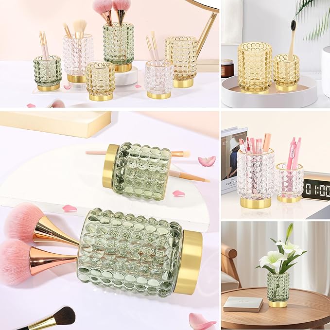 DASITON Makeup Brush Holder Organizer, Crystal Cosmetic Make Up Brush Holder, Glass Makeup Brushes Storage Organizer, Vintage Make Up Cup Desk Pen Pencil Holder, Toothbrush Holders (Green L)