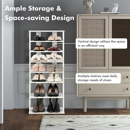 COSTWAY 7 Tiers Shoe Rack, Double Rows Vertical Tall Narrow Patented Shoe Organizer, Free Standing Shoe Rack for Small Space, Entryway, Closet, Living Room, Bedroom (White)