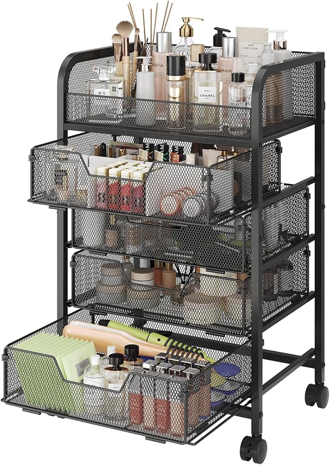 Hongtamoya Makeup Cart Organizer with 4 Drawers, Vanity Storage Organizer, Large Floor Skincare Organizers Cosmetics Display Cases for Skin Care Perfume Nail Polish, Black