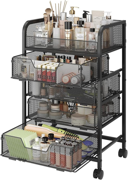 Hongtamoya Makeup Cart Organizer with 4 Drawers, Vanity Storage Organizer, Large Floor Skincare Organizers Cosmetics Display Cases for Skin Care Perfume Nail Polish, Black