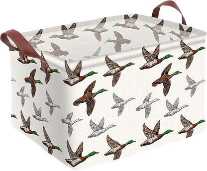 Mallard Duck Storage Basket Waterproof Canvas Toy Storage Bin Mallard Duck Room Decor Collapsible Outdoor Basket with Leather Handles Blanket Baskets For Closets,Bedrooms,Gifts Baskets