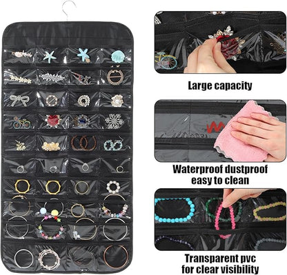 4 Pack Black Hanging Jewelry Storage with 80 Pockets, Double-Sided Closet Jewelry Organizer Hanging for Earrings, Necklaces, Rings, Bracelets