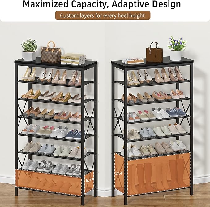 Metal Shoe Rack, 8 Tier Shoe Shelf Holds 32 Pairs, Vertical Shoe Organizer for Garage Front Door Entrance, Black