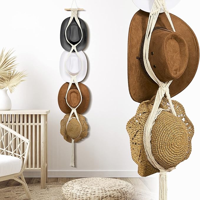 Yulejo Macrame Hat Hangers Racks Boho Cowboy Hats Holders Western Display Organizer Storage decor Back of Door for Wall(White,Four Hats Style)