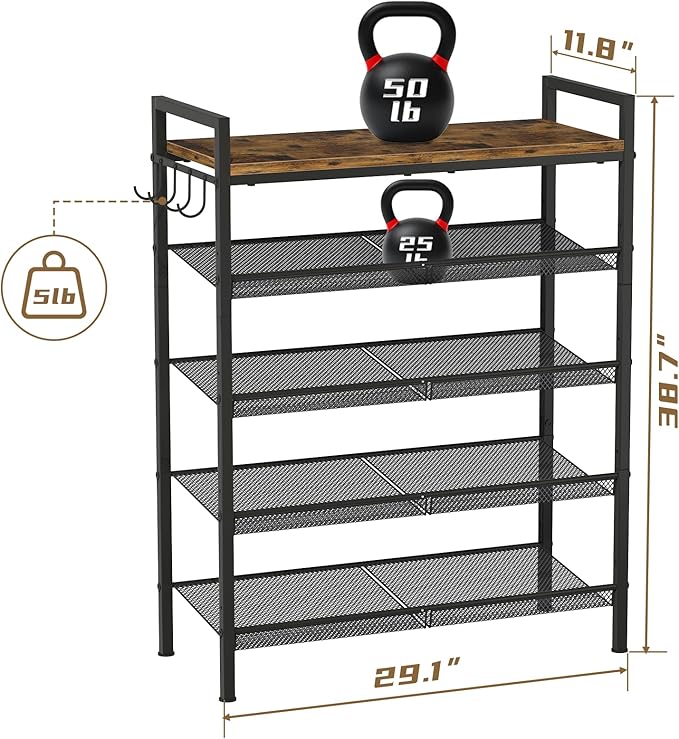 Shoe Rack for Entryway, Sturdy Metal Shoe Storage, 5 Tier Shoe Rack with Mesh Shelves, Adjustable Shoe Organizer for Closet, Front Door Entrance, Bedroom