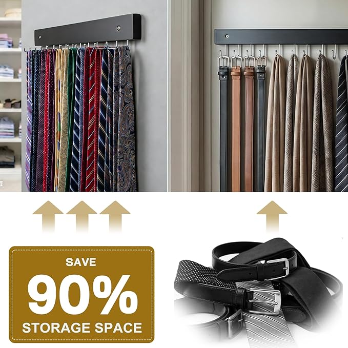 Wall Mounted Tie & Belt Rack Organizer - 2 Pack, 28 Hooks Hold 40 Ties & 40 Belts, 180° Rotating Space Saving Design, Sturdy Wood Decorative Wall Storage (Black)