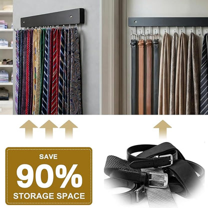Wall Mounted Tie & Belt Rack Organizer - 2 Pack, 28 Hooks Hold 40 Ties & 40 Belts, 180° Rotating Space Saving Design, Sturdy Wood Decorative Wall Storage (Black)