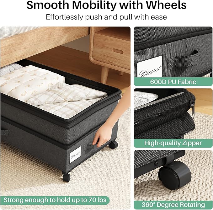 Kitstorack 2Pack Height-adjustable Under Bed Storage with Wheels, Under Bed Storage Containers,Under Bed Shoe Storage Organizer with Clear Window&Label, Suitable for Clothes Storage, Black