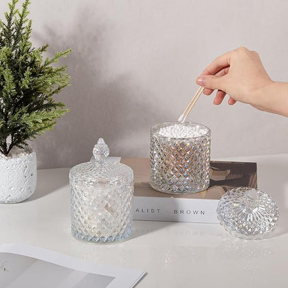 2 Pack Qtip Holder Thick Glass Apothecary Jars with Lid for Bathroom Decor Storage Organizer for Cotton Swabs, Balls, Pads, Floss Picks, Candy, Jewelry, Iridescent Clear